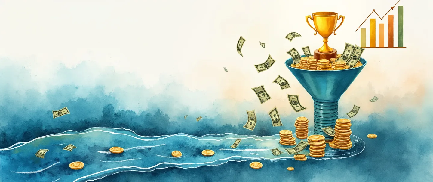 Uma pintura digital em aquarela de um rio fluindo de moedas e notas de dinheiro movendo-se através de um funil de vendas simples. O funil transforma a moeda em um gráfico de barras ascendente em sua extremidade estreita. Uma bússola aponta para um troféu dourado à distância. Composição simples com vibrantes tons de azul e dourado, transmitindo a jornada da conversão de vendas.