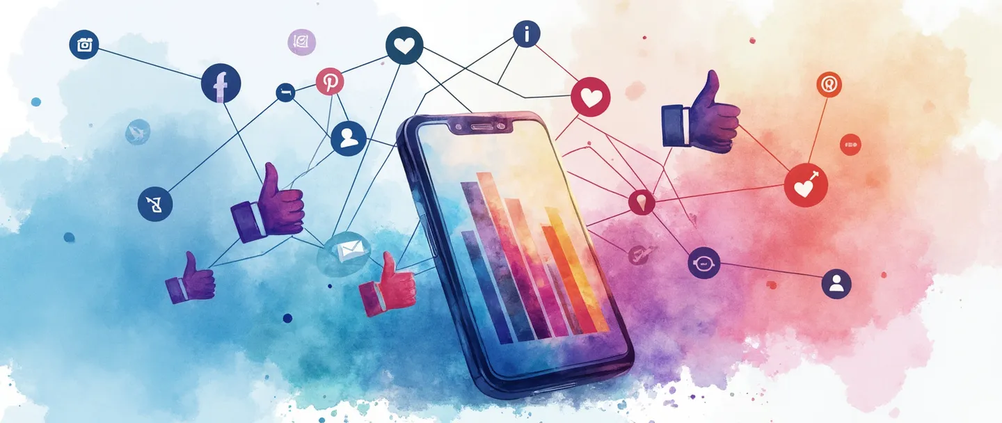 Uma pintura digital em aquarela de um smartphone exibindo gráficos de barras coloridos e métricas de engajamento, com ícones de polegar para cima e símbolos de coração flutuando ao redor. Conexões de redes sociais irradiam para fora como uma teia, conectando-se a pequenos ícones de perfil. Composição simples com vibrantes tons de azul e roxo.