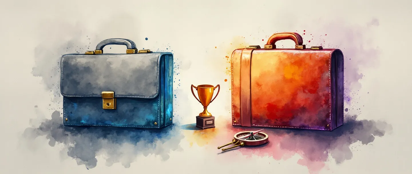 Uma pintura digital em aquarela de duas maletas distintas lado a lado - uma cinza simples, outra vibrante e única com uma aura brilhante. Uma bússola aponta para a vibrante, enquanto um pequeno troféu está ao lado dela. Composição simples com contraste visual claro, destacando o valor da diferenciação de marca.