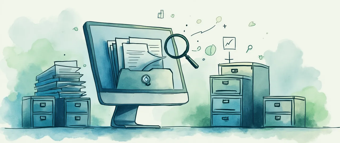Uma pintura digital em aquarela de documentos organizados fluindo de uma pasta física para uma tela de computador, com uma lupa pairando nas proximidades. Arquivos de gabinete se transformam em ícones de armazenamento digital. Linhas simples e limpas, tons suaves de azul e verde, transmitindo uma gestão eficiente de documentos.
