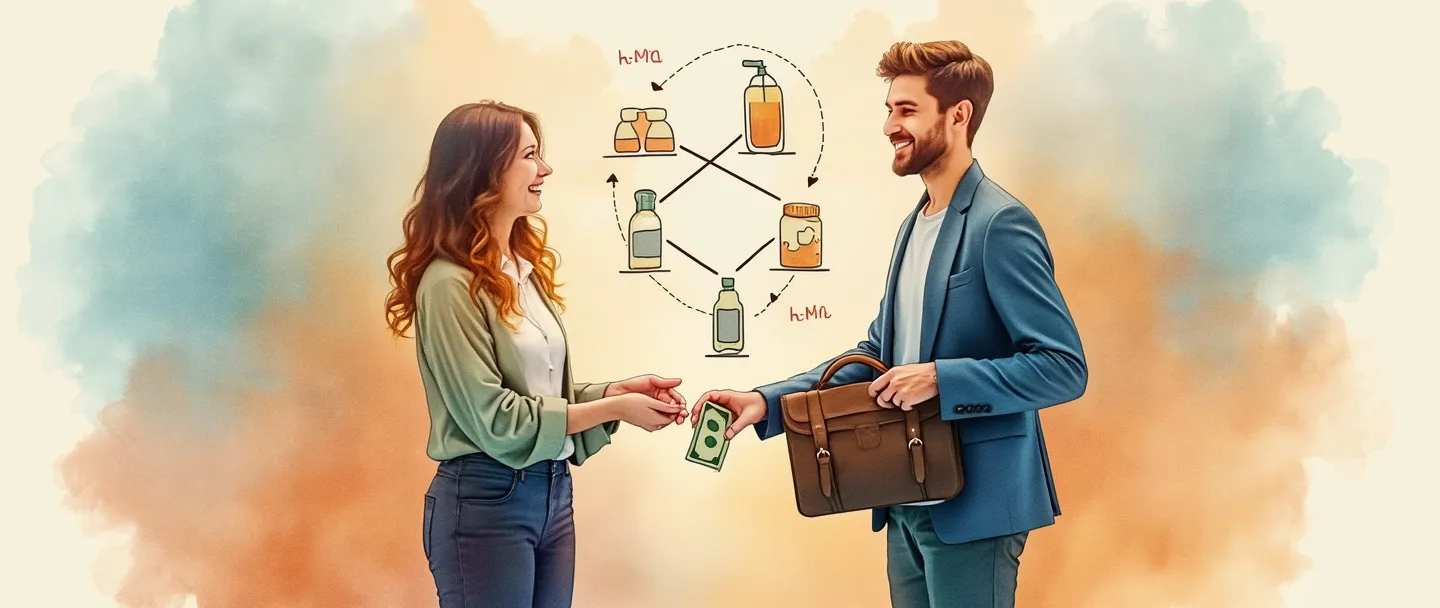 Uma pintura digital em aquarela de uma pessoa com uma pasta compartilhando produtos diretamente com outra pessoa sorridente, com dinheiro sendo trocado entre elas. Um diagrama de rede simples as conecta sem intermediários. Cores quentes, composição limpa, conceito de vendas diretas.