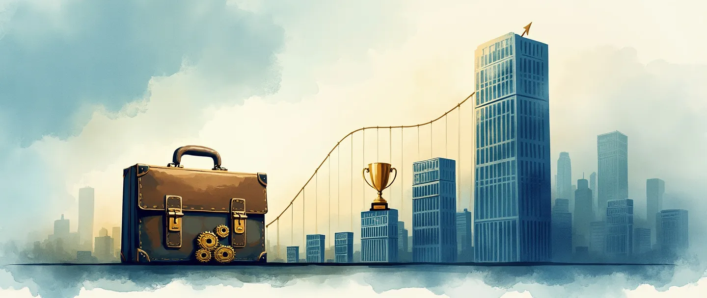 Uma pintura digital em aquarela de um majestoso arranha-céu com múltiplos andares, cercado por edifícios de escritórios menores. Uma grande pasta executiva se destaca em primeiro plano com engrenagens emergindo dela. Um gráfico ascendente curva-se para cima ao lado do arranha-céu, com um troféu dourado em seu pico. Composição simples com ricos tons de azul e dourado, transmitindo escala e sucesso.