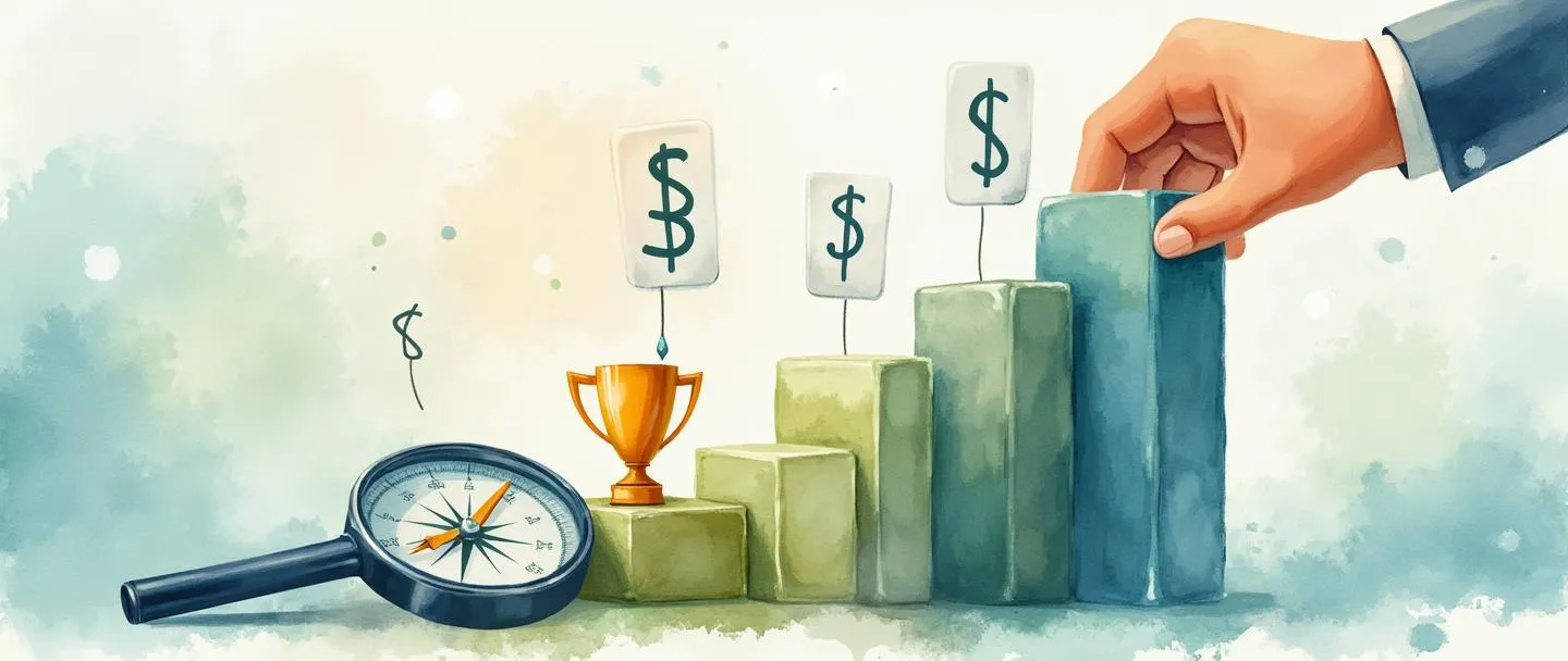 Uma pintura digital em aquarela de uma mão ajustando etiquetas de preço em um gráfico de barras ascendente, com uma lupa revelando um troféu escondido dentro da barra mais alta. Uma bússola aponta para o troféu enquanto cifrões flutuam suavemente ao redor da cena. Composição simples com tons suaves de azul e verde, transmitindo determinação estratégica de valor.
