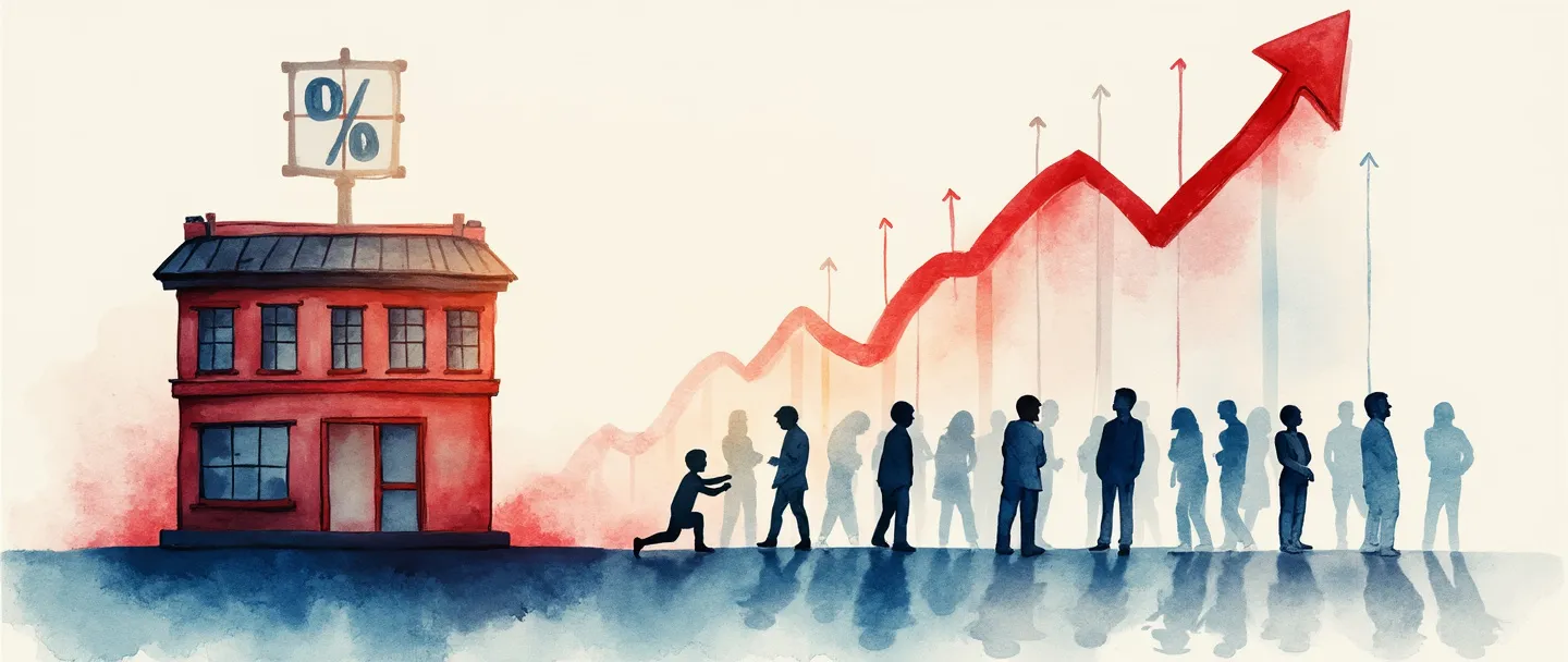 Uma pintura digital em aquarela de clientes se afastando de um prédio comercial, representados por silhuetas com setas apontando para fora. Um gráfico com tendência de queda paira acima, com um símbolo de porcentagem em destaque. Composição simples com tons de vermelho e azul, transmitindo o conceito de taxa de abandono de clientes.