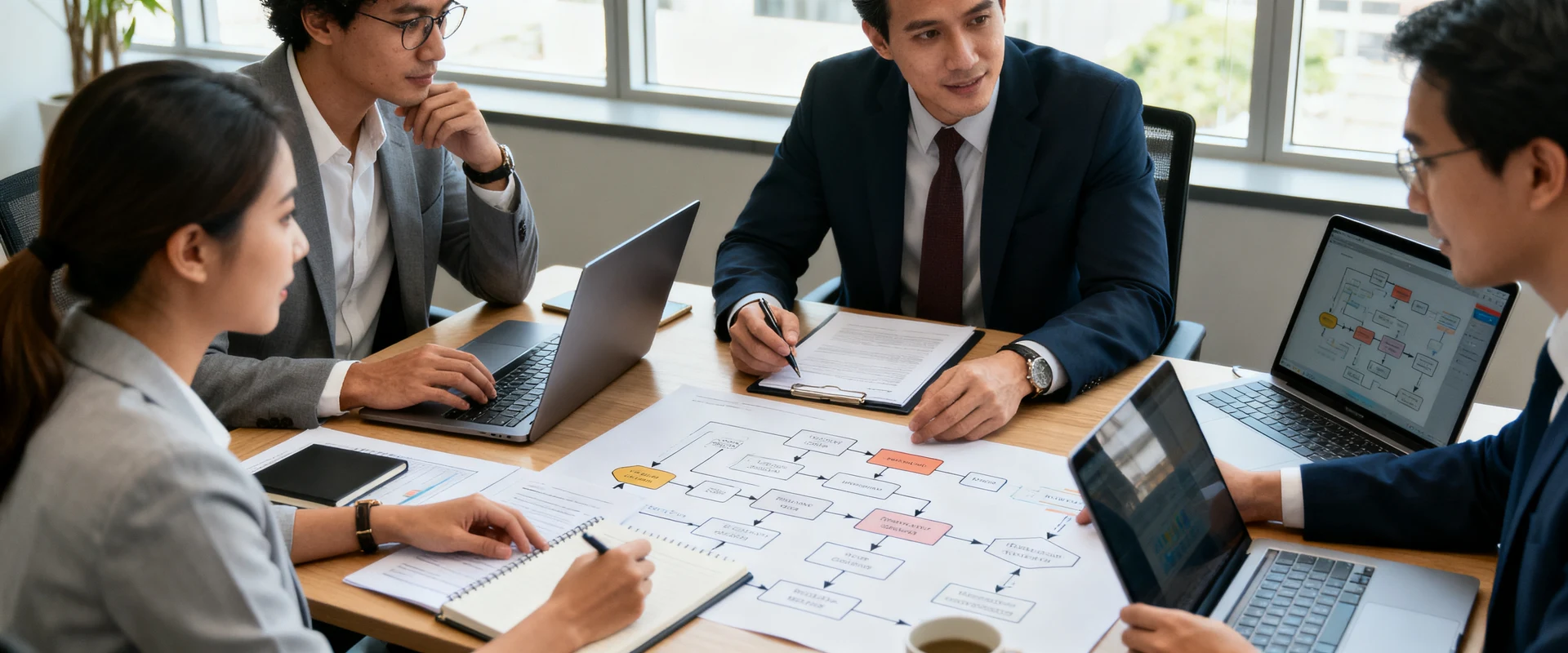 Gestão de Processos: conceito, benefícios e características fundamentais Equipe de negócios diversificada colaborando em mesa de conferência com fluxogramas e diagramas de processo, fotografia editorial profissional em ambiente corporativo real com luz natural e detalhes nítidos em alta resolução.