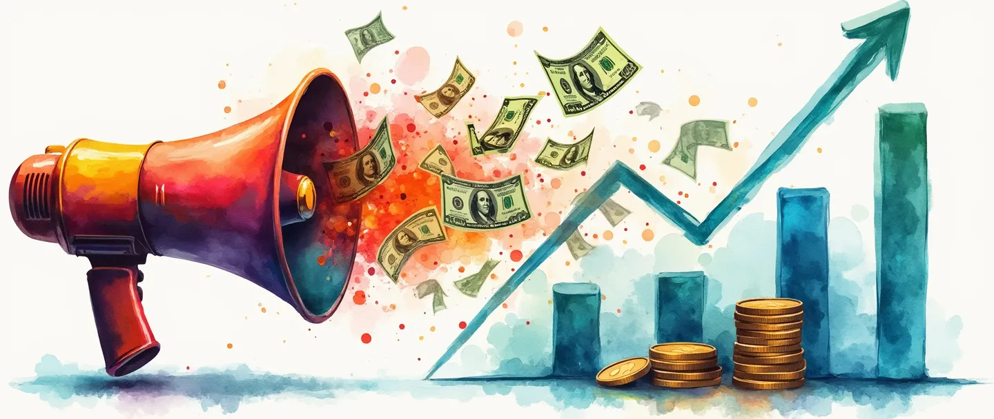 Uma pintura digital em aquarela de um megafone emitindo ondas coloridas que se transformam em notas de dólar e moedas caindo em uma pasta de marketing. Um gráfico de barras simples com tendência ascendente ao fundo. Vibrante, porém minimalista, ilustrando despesas de marketing e retorno sobre investimento.
