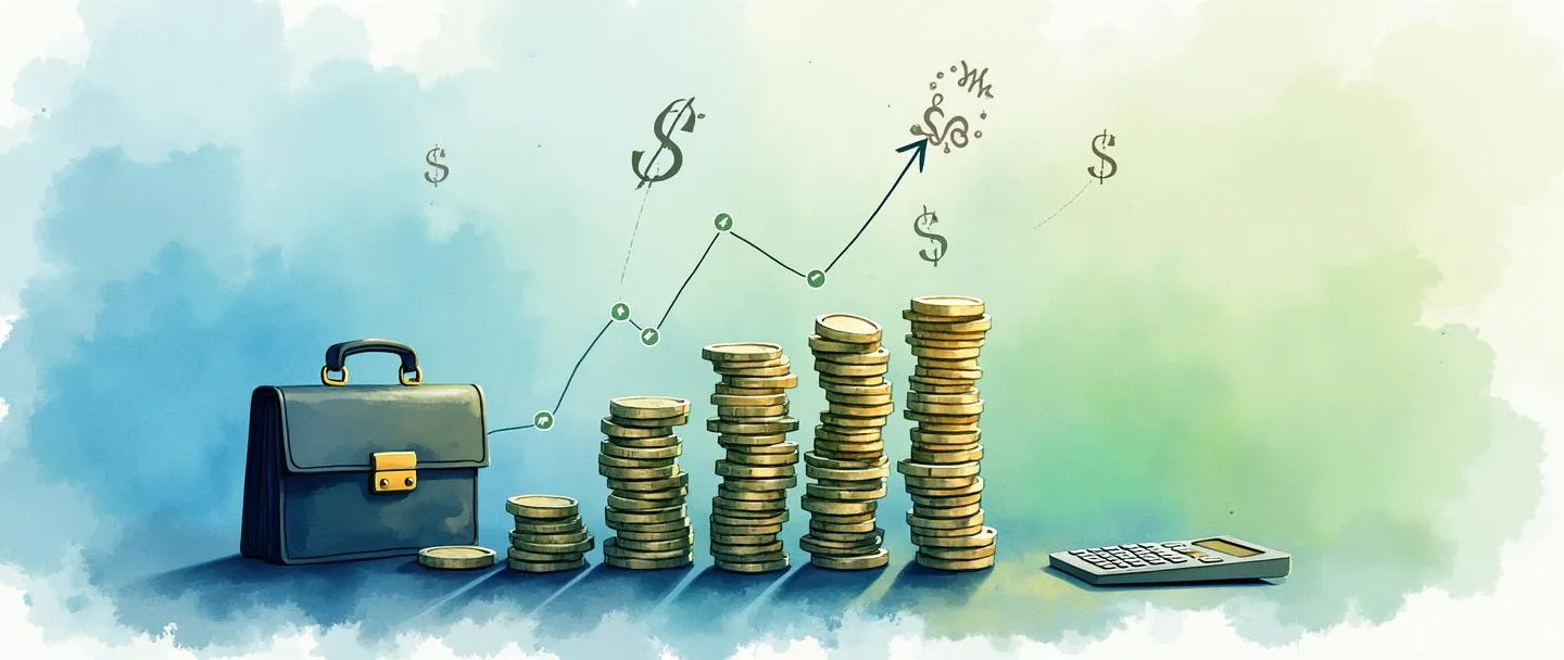 Uma pintura digital em aquarela de moedas empilhadas formando um gráfico de barras ascendente com uma calculadora próxima. Símbolos de cifrão e porcentagem flutuam acima, enquanto uma pasta executiva repousa na base. Composição simples com tons de azul e verde transmitindo crescimento financeiro e volume de receita.