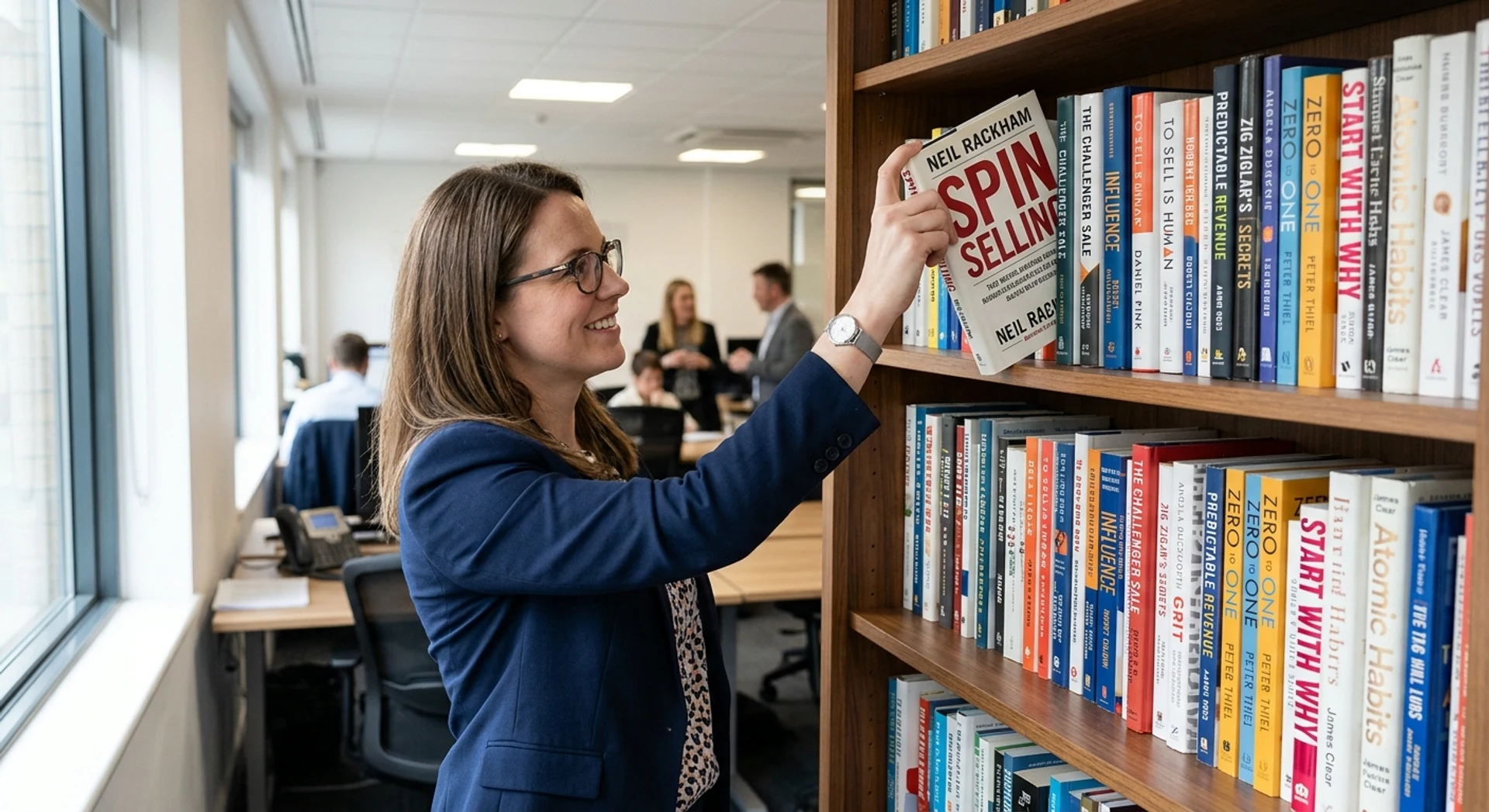 Fotografia editorial ultra-realista de estante de madeira com livros de negócios e vendas em ambiente corporativo profissional, capturada com Canon EOS R5, luz natural, foco nítido e detalhes cristalinos em alta resolução.