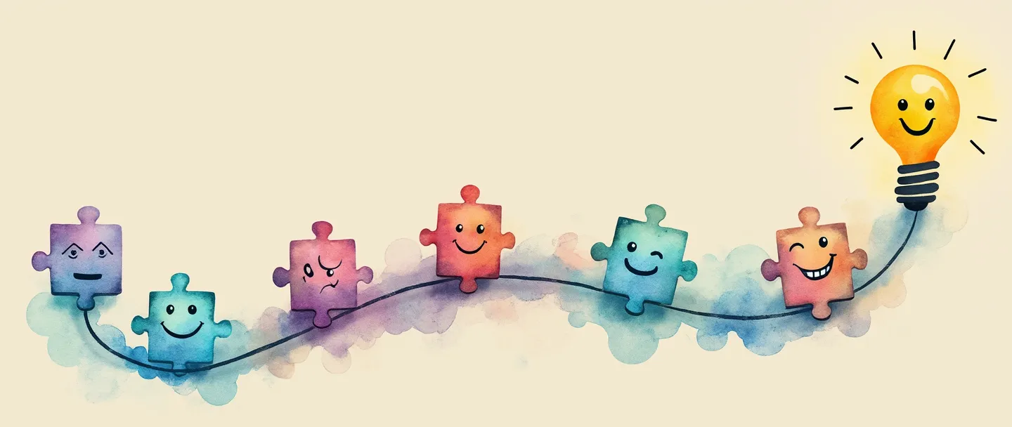 Uma pintura digital em aquarela de um mapa de jornada do cliente com rostos felizes ao longo de um caminho sinuoso. Uma lâmpada flutua acima, iluminando peças de quebra-cabeça que se conectam a um alvo. Ícone simples de aperto de mão no final do caminho. Cores quentes, design limpo, elementos mínimos.