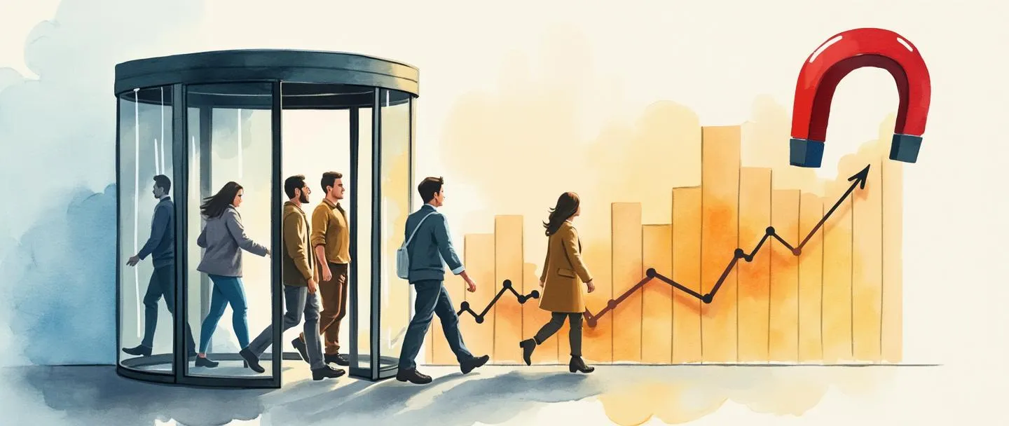 Uma pintura digital em aquarela de uma porta giratória com clientes se afastando, enquanto um ímã puxa alguns de volta para dentro. Um gráfico com tendência de queda é visível no fundo com um sinal de verificação revertendo sua direção. Composição simples, cores quentes, conceito de retenção de clientes.