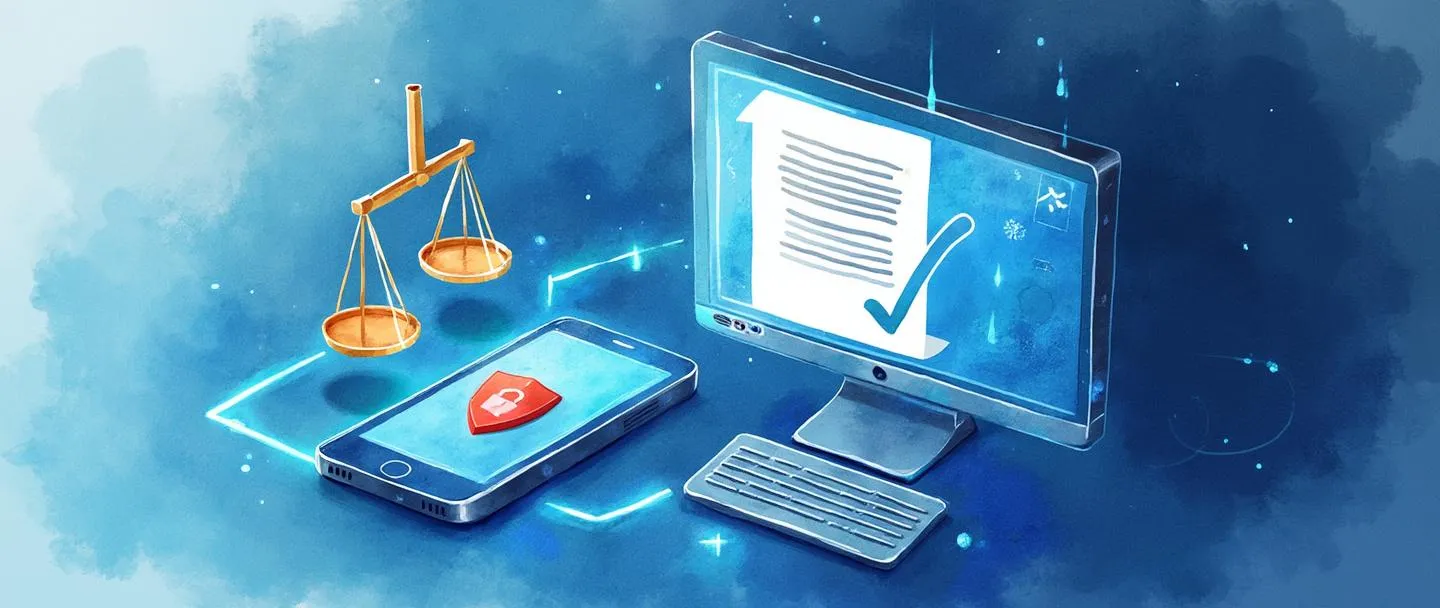 Uma pintura digital em aquarela de um smartphone com um ícone de escudo na tela, conectado por linhas azuis brilhantes a um computador exibindo um contrato digital com uma marca de verificação. Um pequeno cadeado e uma balança da justiça flutuam acima, simbolizando segurança e regulamentação. Composição simples, linhas limpas, tema de cibersegurança.