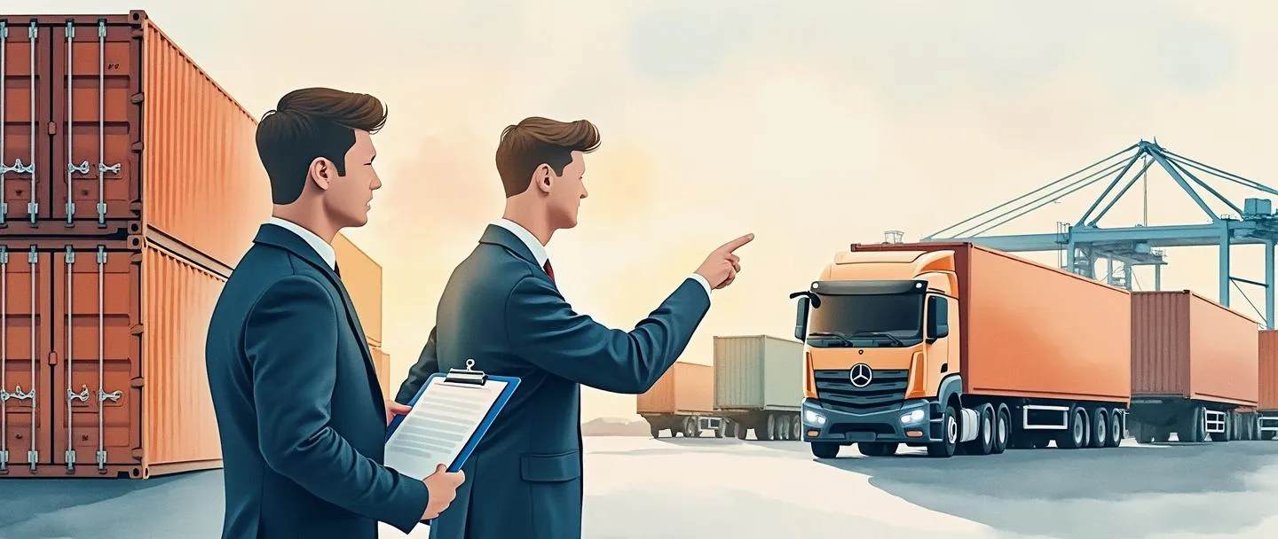 Uma pintura digital em aquarela de um armazém logístico com contêineres de transporte sendo gerenciados por um aperto de mãos entre duas figuras de negócios. Uma figura segura uma prancheta enquanto a outra aponta para caminhões e navios no fundo. Linhas fluidas simples, tons suaves de azul e laranja, transmitindo parceria e eficiência.