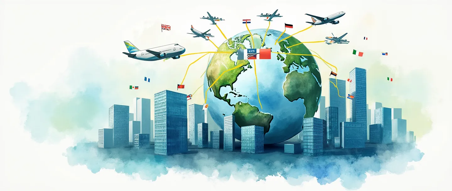 Uma pintura digital em aquarela de um globo cercado por edifícios de escritórios e arranha-céus, com aviões voando entre eles. Pequenas bandeiras de diferentes países conectam os edifícios com linhas coloridas, representando redes de negócios globais. Composição simples com tons vibrantes de azul e verde, transmitindo a expansão corporativa internacional.