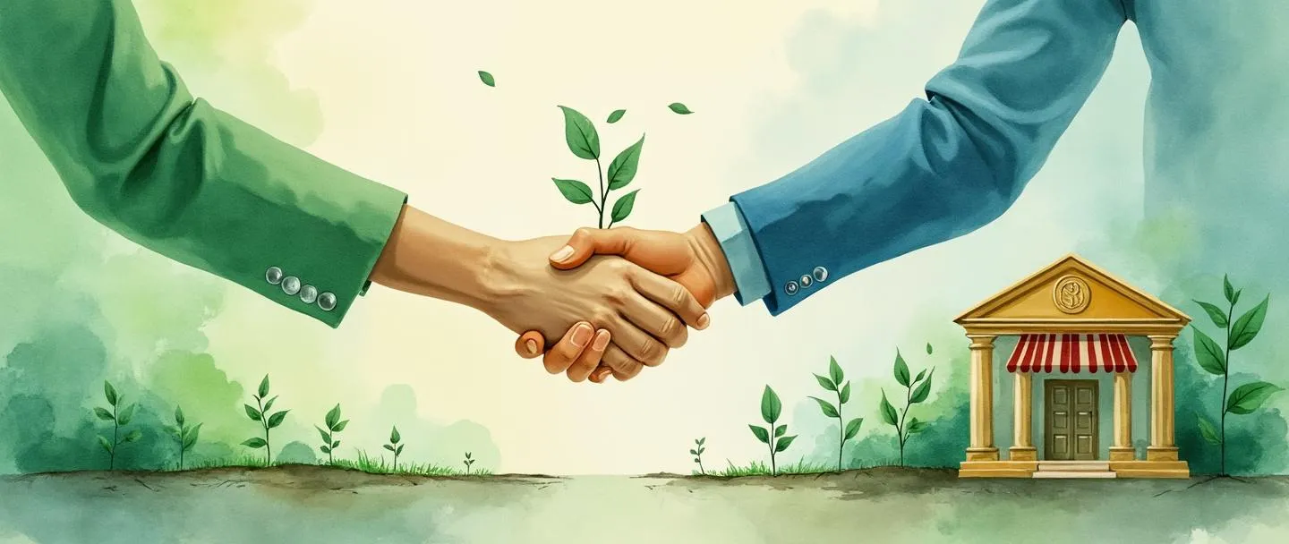 Uma pintura digital em aquarela de um aperto de mão entre uma pessoa e um banco, com dinheiro fluindo entre eles. No fundo, um pequeno negócio cresce de uma muda para uma loja próspera. Composição simples com tons de verde e azul, transmitindo confiança e crescimento.