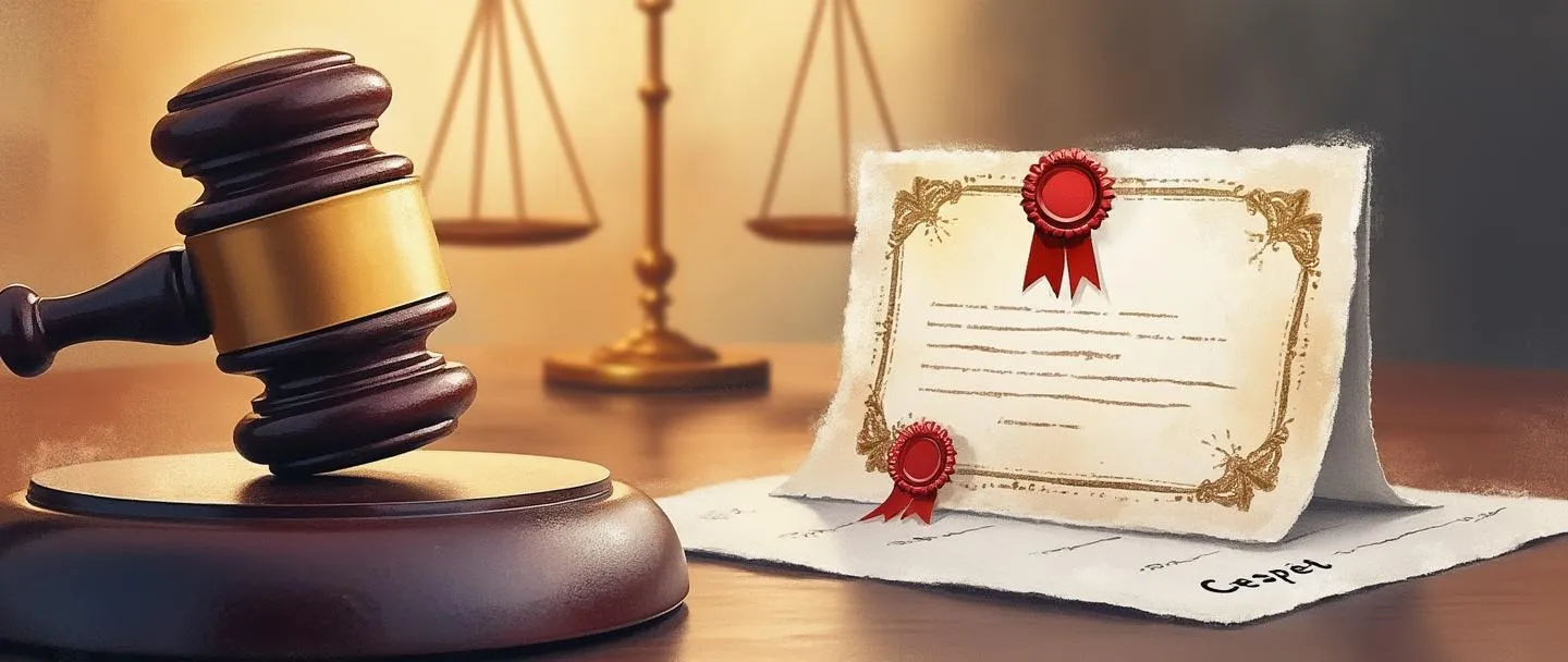 Uma pintura digital em aquarela de um martelo de juiz ao lado de um documento oficial com um selo vermelho e assinatura. Um certificado com uma fita paira acima, banhado por uma luz suave. Composição simples com a balança da justiça levemente visível ao fundo. Tema de validação legal em tons quentes e profissionais.