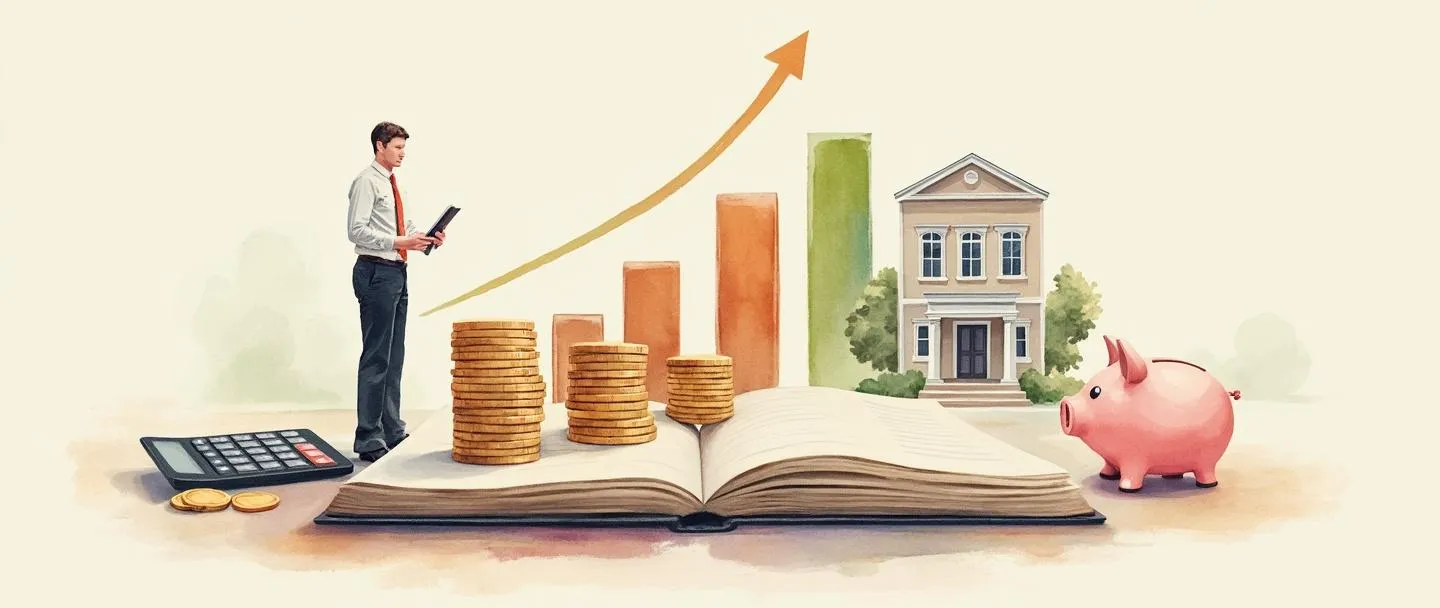 Uma pintura digital em aquarela de uma pessoa em trajes executivos equilibrando pilhas de moedas sobre um grande livro contábil aberto. Próximo, um gráfico de barras simples se eleva com uma calculadora ao lado. Um pequeno edifício corporativo aparece ao fundo com um cofre de porquinho à frente. Cores limpas e profissionais com detalhes mínimos, transmitindo planejamento financeiro e alocação de recursos.