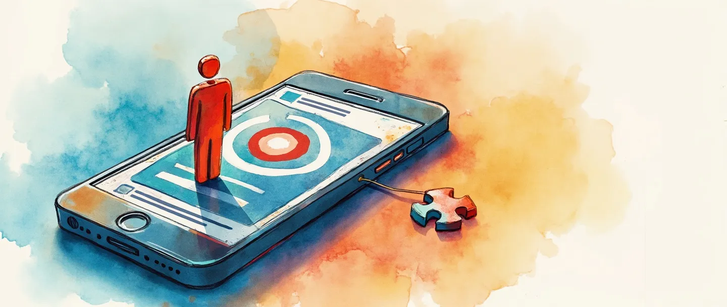 Uma pintura digital em aquarela de um smartphone exibindo um anúncio personalizado com um símbolo de alvo sobreposto. Uma pequena peça de quebra-cabeça conecta o telefone a uma silhueta humana simplificada, sugerindo personalização. Cores vibrantes, porém simples, composição limpa, conceito de personalização de marketing.
