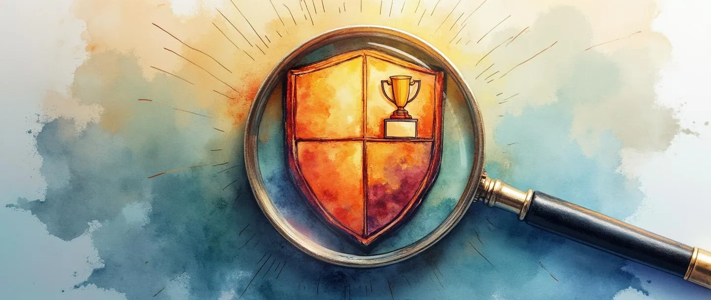 Uma pintura digital em aquarela de uma lupa examinando um escudo estilizado dividido em quatro quadrantes, com o quadrante superior esquerdo destacado e contendo um troféu. O escudo está cercado por sutis raios de luz dourada. Composição simples, cores vibrantes, aparência profissional.