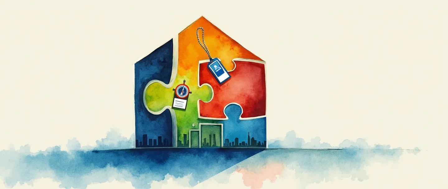 Uma pintura digital em aquarela de uma silhueta de edifício com uma peça de quebra-cabeça colorida formando seu núcleo. Dentro da peça de quebra-cabeça, uma pequena bússola e um crachá flutuam suavemente. O edifício projeta uma sombra em forma de aperto de mão. Composição simples com vibrantes tons de azul e laranja, representando a identidade organizacional.
