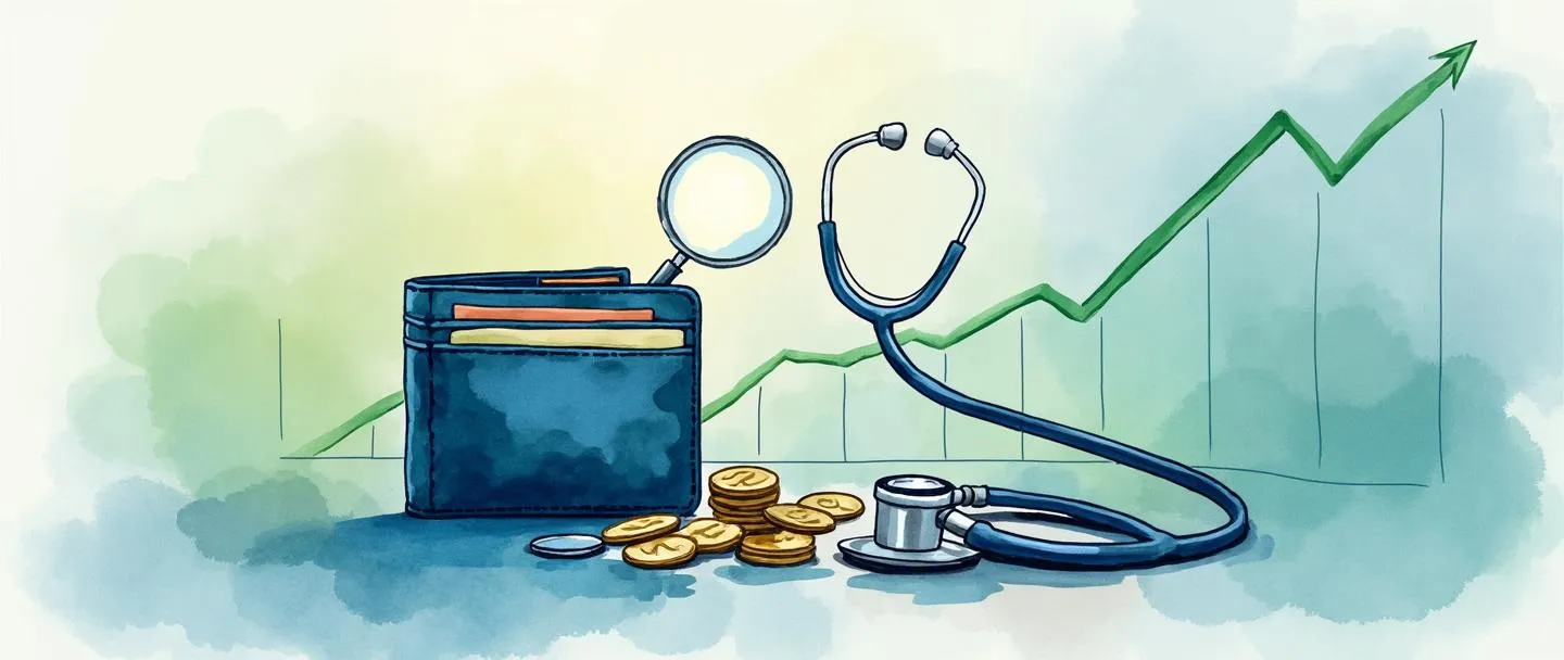 Uma pintura digital em aquarela de um estetoscópio examinando uma carteira, com uma simples linha de gráfico verde ascendente no fundo. Uma pequena lupa paira sobre moedas e um cartão de crédito. Composição limpa com tons suaves de azul e verde, transmitindo uma avaliação de saúde financeira.