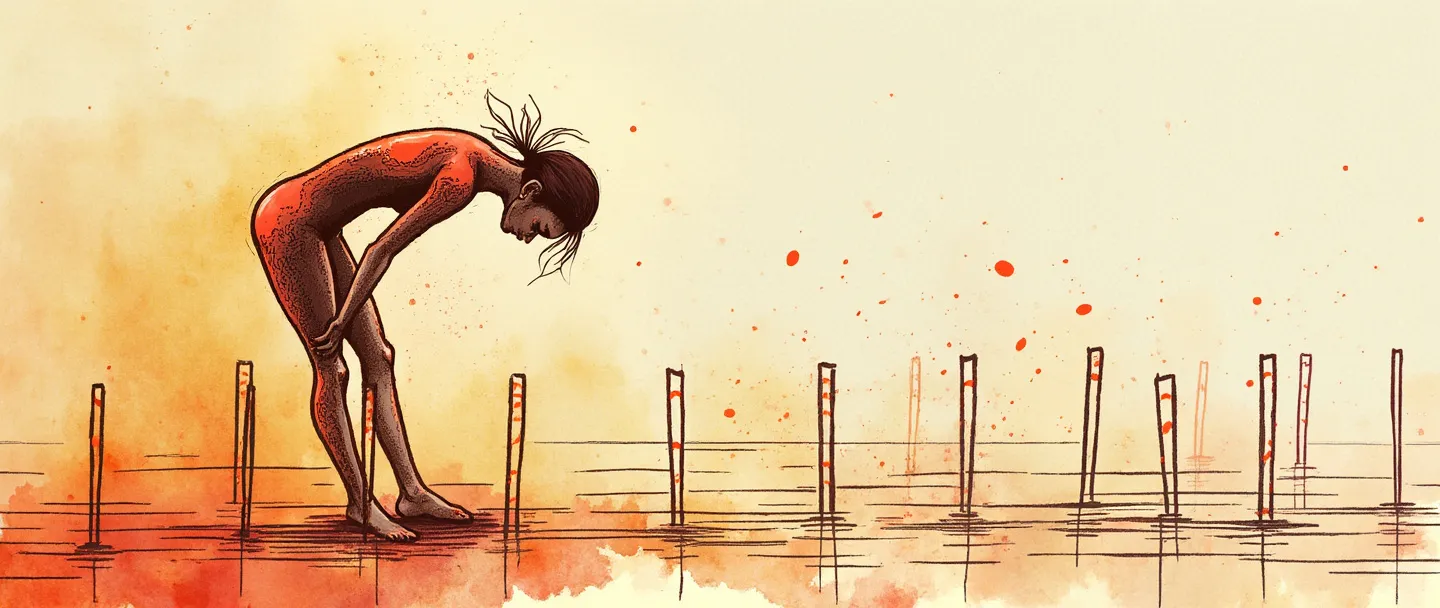 Uma pintura digital em aquarela de uma pessoa navegando graciosamente por um labirinto de obstáculos, dobrando-se como um dançarino sem perder o ritmo. A figura tem uma cintura flexível simbolizada por um sutil redemoinho de energia. Composição simples com linhas fluidas sugerindo adaptabilidade e desenvoltura.