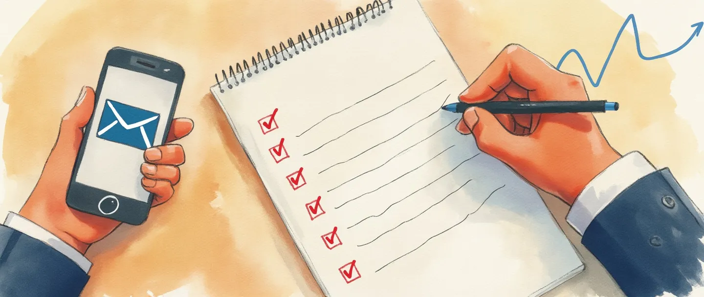 Uma pintura digital em aquarela de uma pessoa acompanhando propostas comerciais. Uma mão segura um smartphone mostrando um ícone de mensagem, enquanto a outra mão marca itens em uma lista de tarefas. Um calendário com datas marcadas está próximo. No fundo, uma linha de gráfico sutil ascendente representa progresso. Composição simples com cores quentes e profissionais.