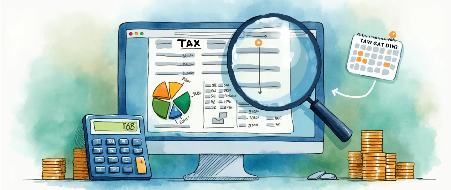 Uma pintura digital em aquarela de uma tela de computador exibindo um formulário fiscal simplificado com números e porcentagens, conectado a uma calculadora e pilhas de moedas. Uma lupa paira sobre um gráfico de pizza mostrando a distribuição de impostos, enquanto um pequeno calendário marca datas fiscais importantes. Design limpo com tons de azul e verde, transmitindo organização e gestão financeira.
