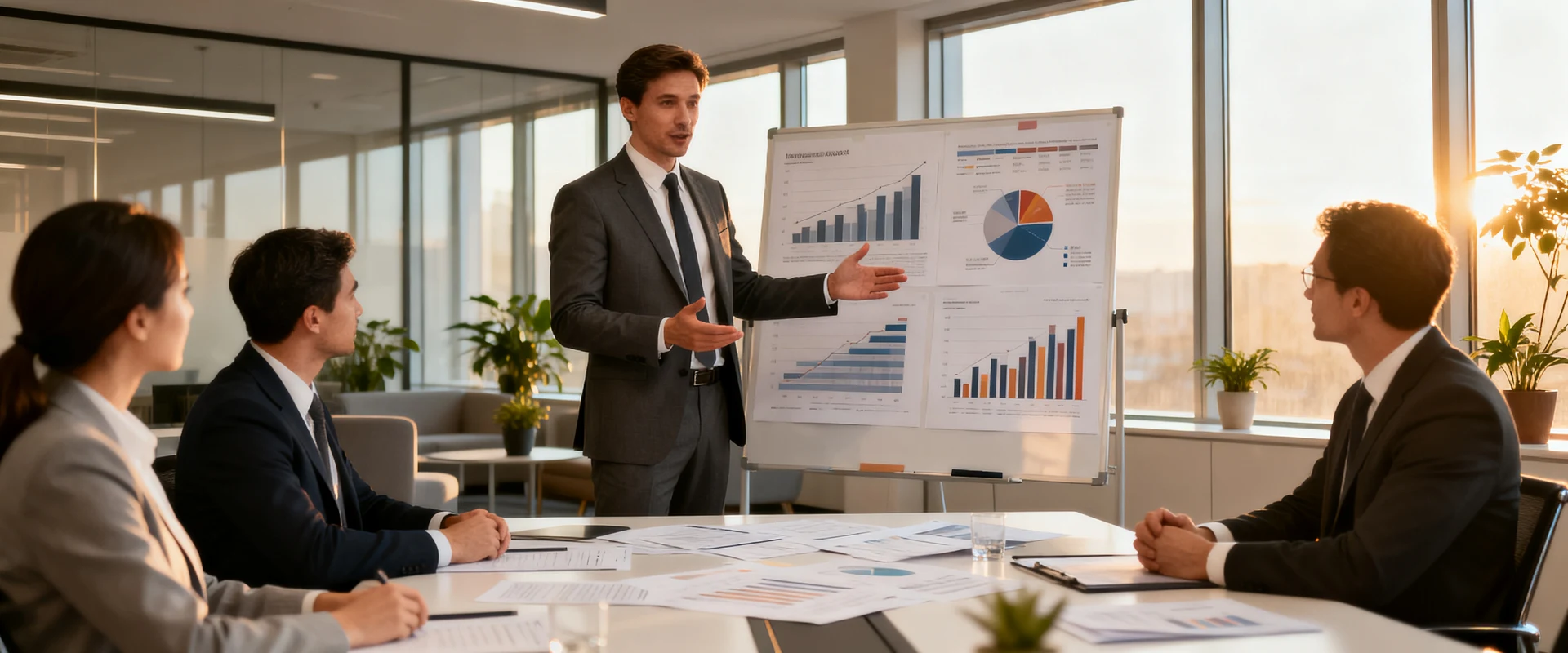 Benefícios de Investir em Consultoria Especializada Consultora de negócios apresentando gráficos e documentos estratégicos para executivos corporativos em sala de reunião moderna e iluminada, fotografia editorial profissional em alta resolução com luz natural.