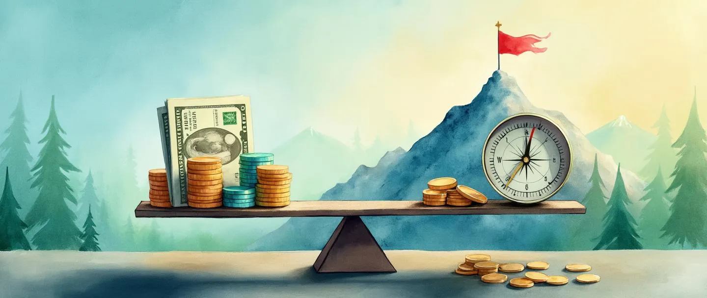 Uma pintura digital em aquarela de uma balança equilibrada segurando um portfólio de um lado e várias moedas coloridas e gráficos de ações do outro. Uma bússola está próxima, apontando para um pico de montanha com uma bandeira. Composição simples com tons suaves de azul e verde, transmitindo equilíbrio financeiro e direção estratégica.