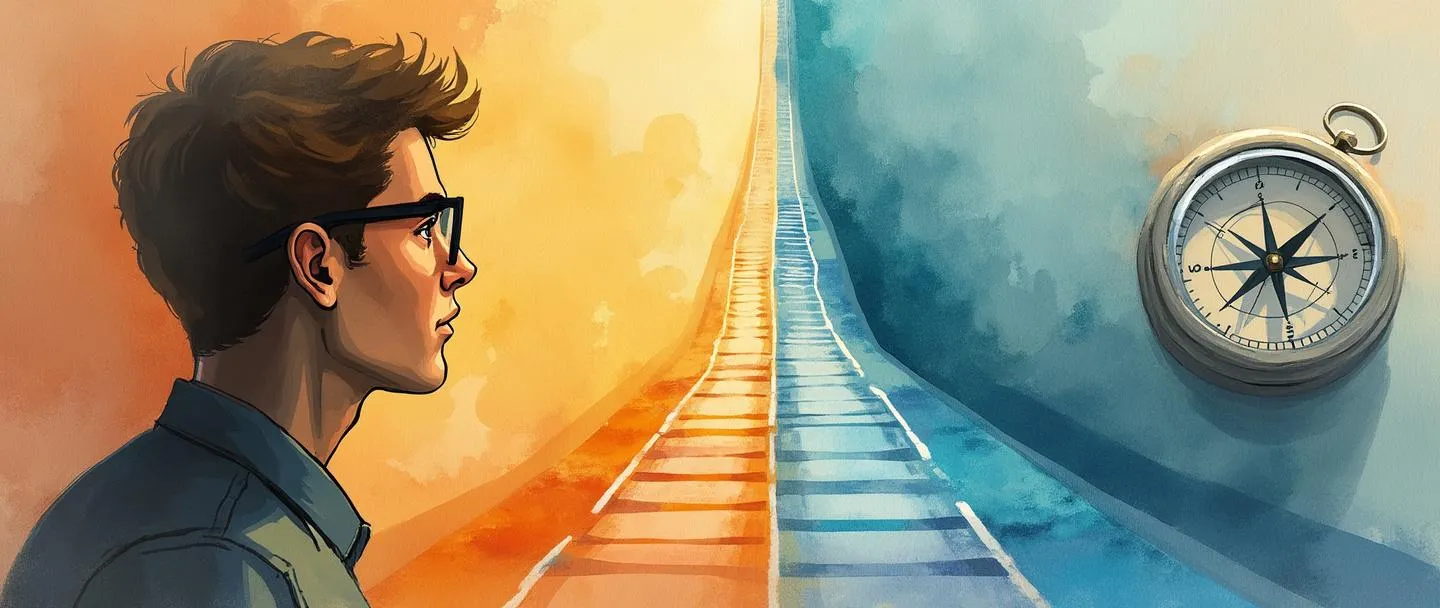 Uma pintura digital em aquarela de uma pessoa usando óculos olhando para dois caminhos idênticos, mas um caminho está destacado com cores vibrantes enquanto o outro está desbotado. Uma bússola próxima aponta em várias direções. Composição simples com cores quentes retratando viés cognitivo na tomada de decisões.