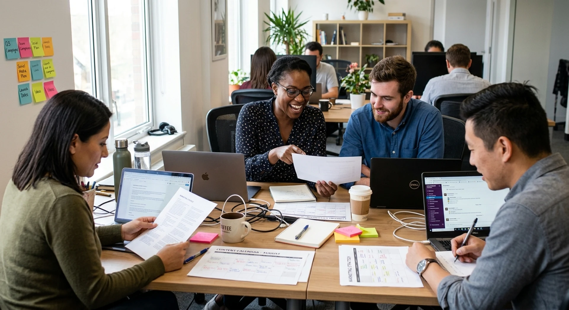 Gestão de Conteúdo Completa: tudo o que você precisa para aplicar com sucesso Equipe de marketing diversificada colaborando em escritório moderno com laptops, calendários de conteúdo e notas adesivas. Fotografia editorial ultra-realista capturando momento autêntico de trabalho em equipe e planejamento estratégico.