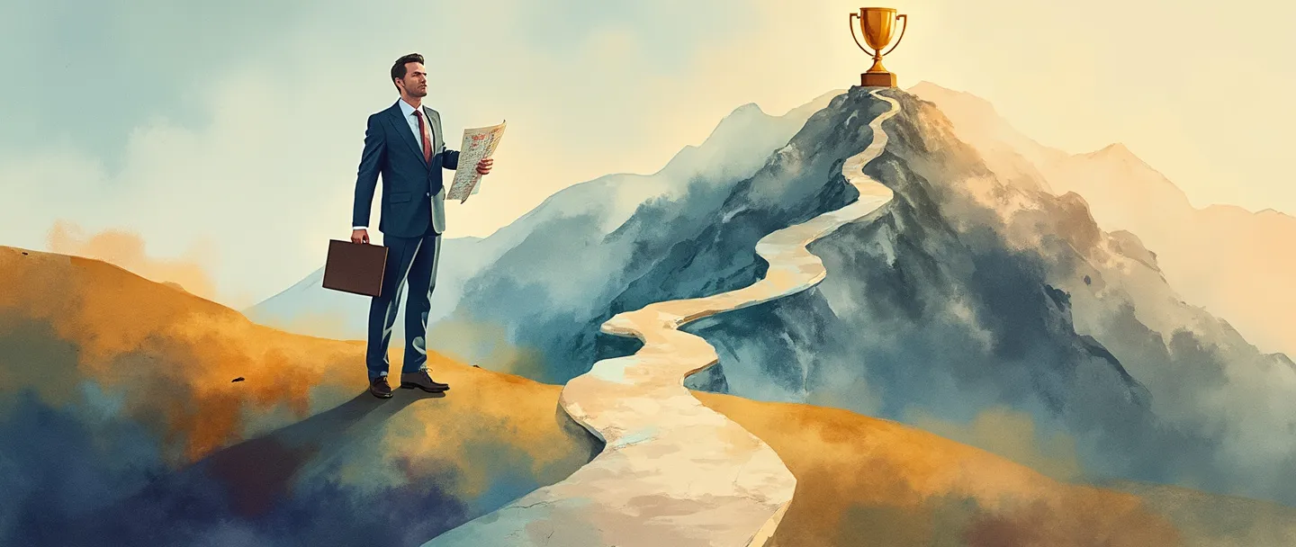 Uma pintura digital em aquarela de um empresário em pé em uma encruzilhada, segurando uma bússola em uma mão e um mapa na outra. Ao fundo, uma montanha com um caminho claro que leva a um troféu no topo. Linhas fluidas simples, elementos estratégicos, cores quentes, estilo profissional, mas acessível.