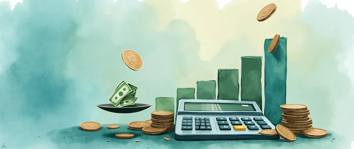 Uma pintura digital em aquarela de uma calculadora cercada por moedas e notas flutuantes, com um gráfico de barras simples subindo ao fundo. Uma balança segura dinheiro de um lado e um produto do outro, ilustrando o valor de custo. Composição limpa com tons suaves de azul e verde.