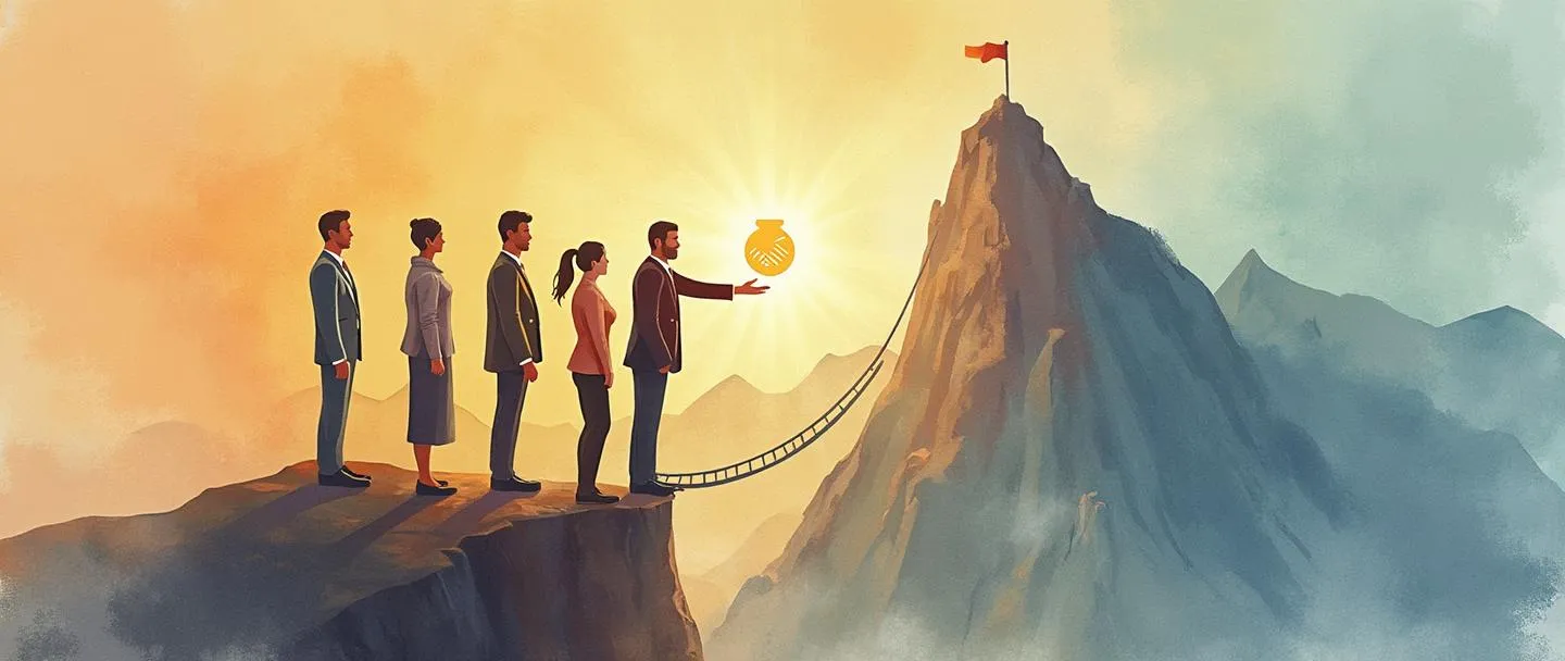 Uma pintura digital em aquarela de um líder de terno estendendo a mão para ajudar membros da equipe a escalar uma montanha. O líder usa uma bússola pendurada no pescoço, e um símbolo de aperto de mãos brilha entre eles. Uma ponte conecta onde eles estão a um cume distante com uma bandeira. Composição simples com cores quentes e inspiradoras.