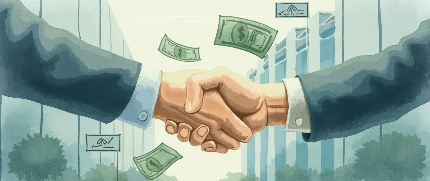 Uma pintura digital em aquarela de um aperto de mão entre uma pessoa de negócios e um banqueiro, com dinheiro e um contrato assinado fluindo entre eles. Um edifício corporativo está ao fundo com uma sobreposição sutil de um gráfico ascendente. Composição simples, atmosfera profissional, tons suaves de azul e verde.