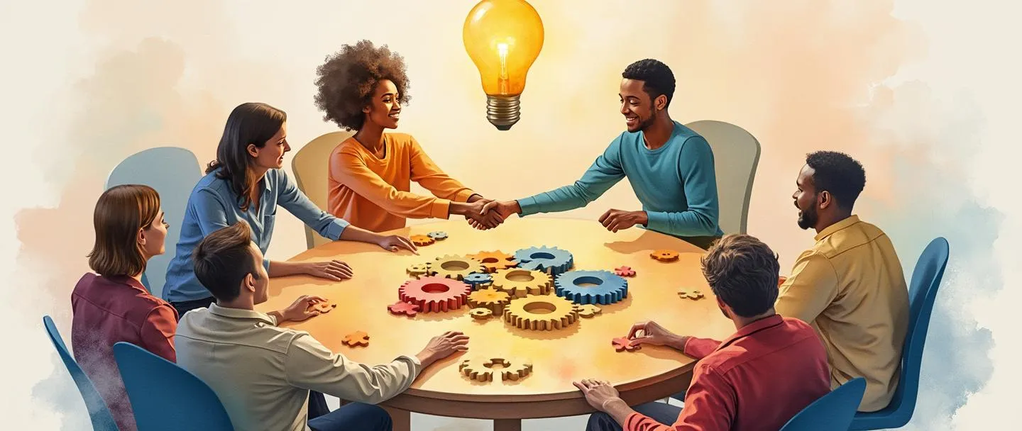 Uma pintura digital em aquarela mostrando pessoas diversas sentadas ao redor de uma mesa circular, colaborativamente organizando peças de quebra-cabeça que formam um sistema de engrenagens. Uma lâmpada brilha acima do centro, iluminando apertos de mão através da mesa. Composição simples com cores quentes e inclusivas transmitindo trabalho em equipe e tomada de decisão compartilhada.