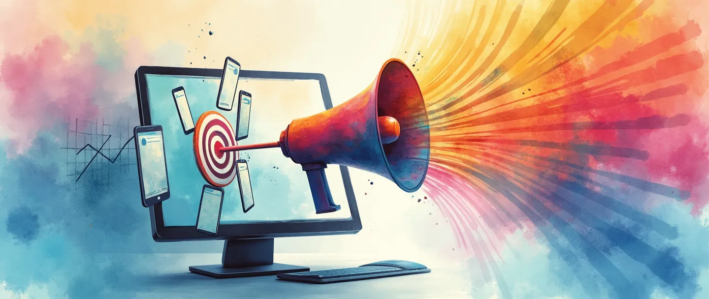 Uma pintura digital em aquarela de uma tela de computador exibindo um megafone colorido que emite ondas que se conectam a vários smartphones. Um alvo com uma flecha no centro flutua acima, enquanto um gráfico simples com uma tendência ascendente aparece ao lado. Vibrante, porém minimalista, transmitindo campanhas de marketing online.