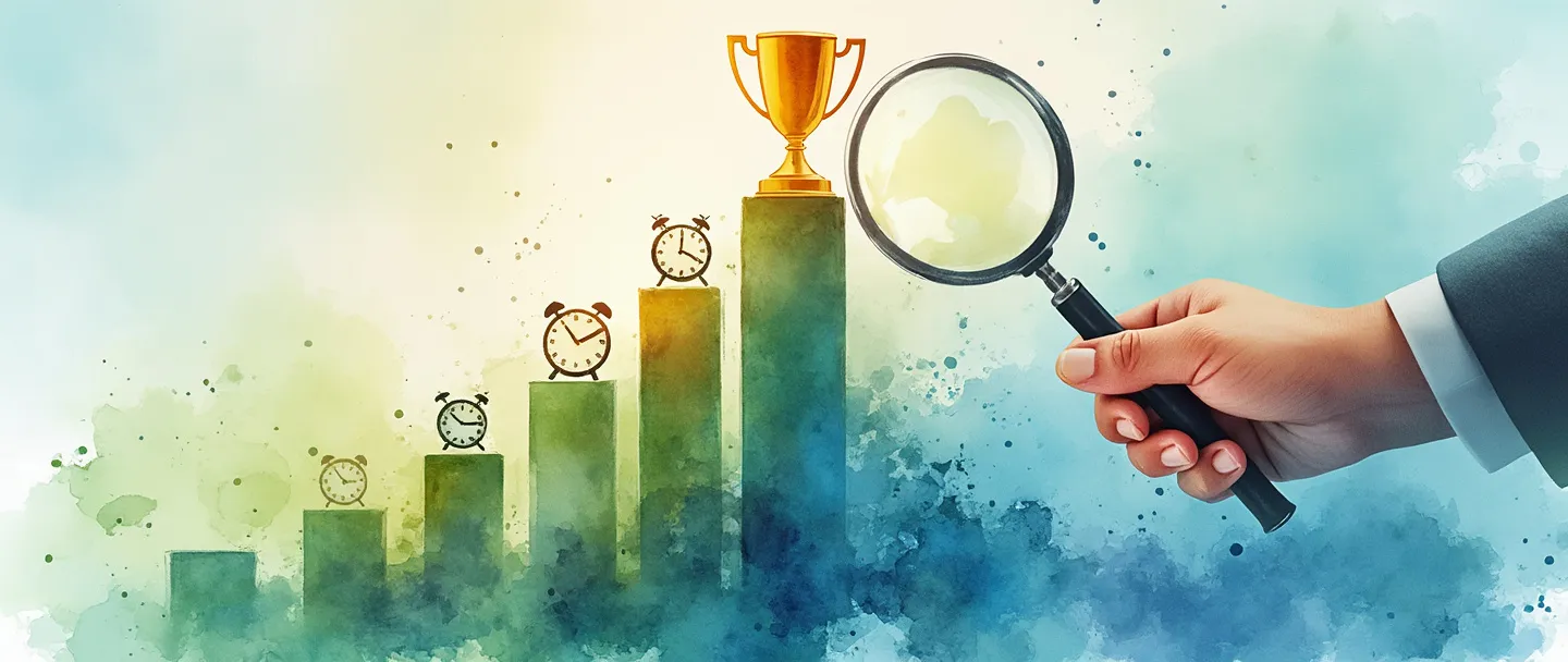 Uma pintura digital em aquarela de um gráfico de barras ascendente com um troféu no topo, cercado por pequenos relógios e engrenagens. Uma mão segura uma lupa examinando métricas de produtividade. Composição simples com vibrantes tons de azul e verde, transmitindo eficiência e conquista.