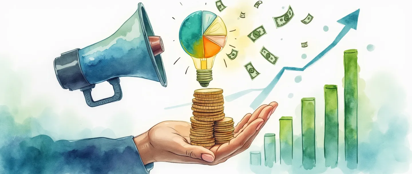 Uma pintura digital em aquarela de uma mão equilibrando uma pilha de moedas em um megafone de marketing simplificado, com um alvo e um gráfico de pizza de orçamento flutuando acima. Notas de dinheiro esvoaçam ao redor de uma lâmpada que ilumina um gráfico de barras simples mostrando crescimento. Composição limpa com azuis e verdes vibrantes contra um fundo branco suave.