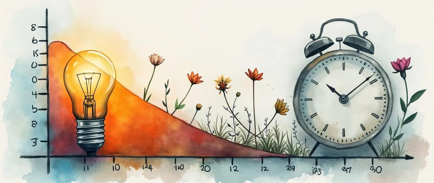 Uma pintura digital em aquarela de uma curva de ciclo de vida de produto mostrada como um gráfico descendente, com um relógio ao fundo mostrando horas tardias. Uma lâmpada que se apaga está no pico da curva, enquanto flores murchando aparecem ao longo da inclinação decrescente. Composição simples com cores suaves que transitam de tons brilhantes para tons mais discretos.