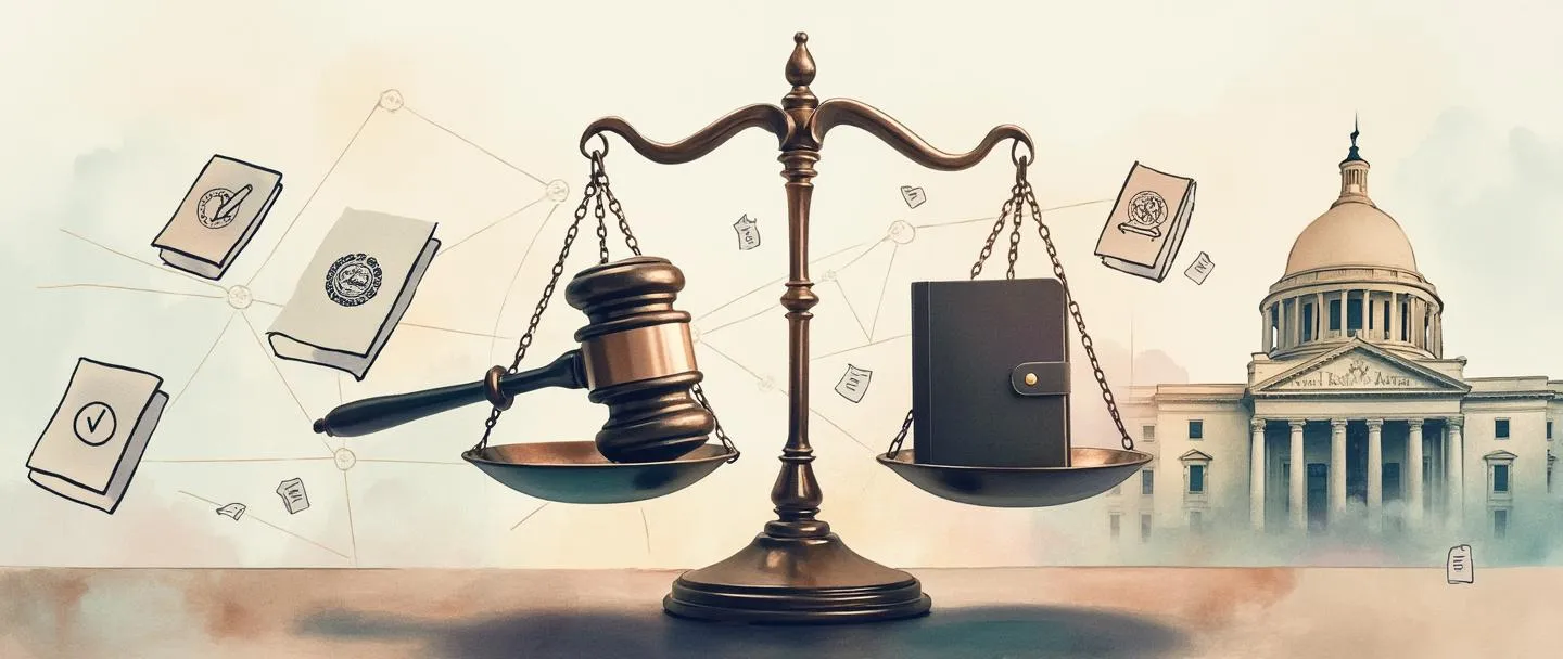 Uma pintura digital em aquarela de uma balança com um martelo de juiz em um lado e uma pasta de negócios no outro, cercada por documentos regulatórios flutuantes com selos oficiais. Um edifício governamental está ao fundo com uma rede sutil de linhas conectoras, representando a estrutura regulatória. Composição simples, cores profissionais suaves.