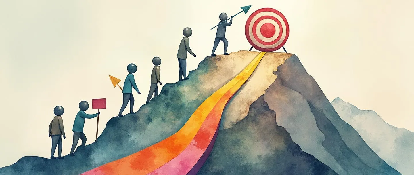 Uma pintura digital em aquarela de uma bússola guiando uma equipe de figuras simplificadas escalando uma montanha, com placas direcionais apontando para cima. No topo está um alvo com uma flecha no centro. Caminhos estratégicos coloridos conectam diferentes níveis da subida. Composição simples com hierarquia clara e movimento proposital.