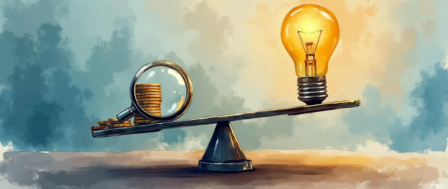 Uma pintura digital em aquarela de uma balança pesando uma lâmpada contra uma pilha de moedas, com o lado da lâmpada brilhando mais intensamente e se elevando mais alto. Uma lupa paira próxima, revelando valor oculto. Composição simples com tons dourados quentes contrastando com azuis frios, transmitindo o conceito de valor percebido versus custo real.