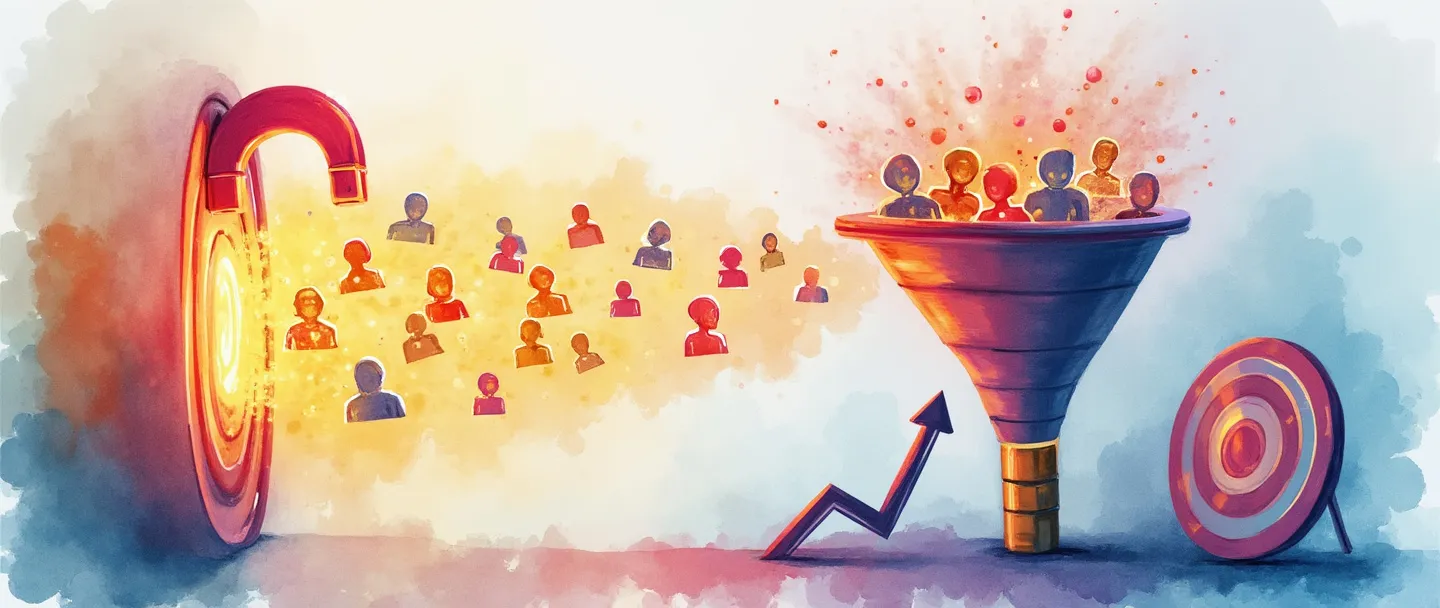 Uma pintura digital em aquarela de um funil coletando leads brilhantes que se transformam em perfis de clientes na parte inferior. Um ímã atrai prospectos coloridos em direção à entrada do funil. Um alvo com uma flecha no centro está próximo, enquanto um gráfico simples mostra crescimento ascendente. Cores limpas e vibrantes com detalhes mínimos.