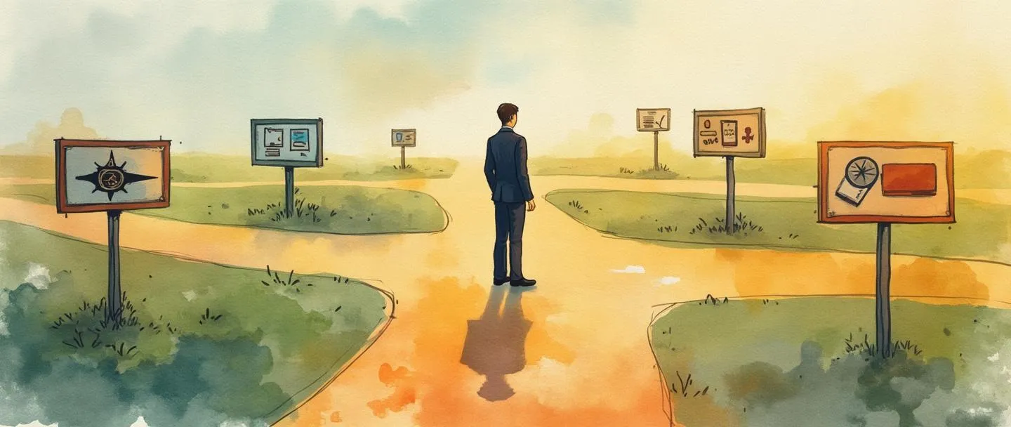 Uma pintura digital em aquarela de uma figura profissional em pé em uma encruzilhada com múltiplos caminhos paralelos que se estendem horizontalmente pela paisagem. Cada caminho contém diferentes estações de desenvolvimento de habilidades com livros, certificados e peças de quebra-cabeça. Uma rosa dos ventos no canto aponta para leste-oeste em vez de norte-sul. Composição simples com cores quentes e encorajadoras.