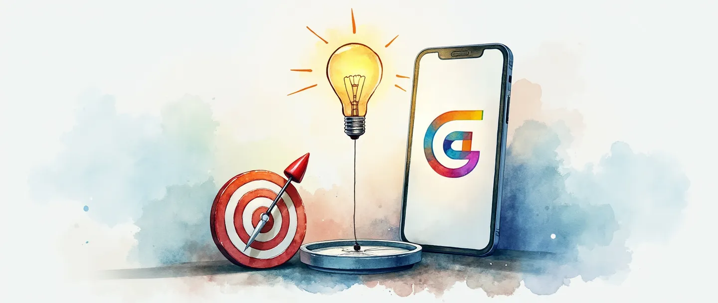 Uma pintura digital em aquarela de um smartphone exibindo um logotipo colorido de marca, conectado a uma bússola e um pequeno foguete. Uma lâmpada flutua acima, emitindo suaves raios de inspiração. Um alvo simplificado com cores vibrantes está próximo. Estilo limpo e minimalista com texturas suaves de aquarela digital e uma estética moderna.