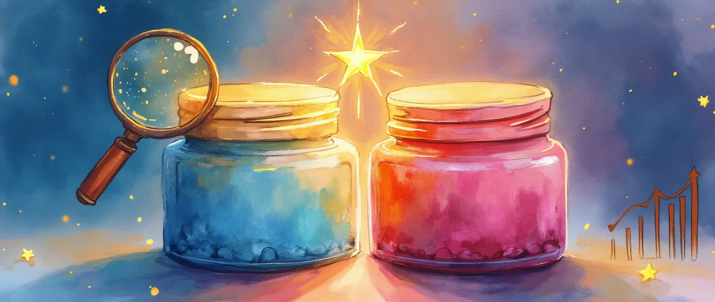 Uma pintura digital em aquarela de dois produtos idênticos lado a lado, com um brilhando mais intensamente e adornado com uma pequena estrela dourada. Uma lupa paira acima, destacando características únicas no produto marcado com a estrela. Um gráfico simples ascendente mostra maior valor. Cores limpas e vibrantes com detalhes mínimos.