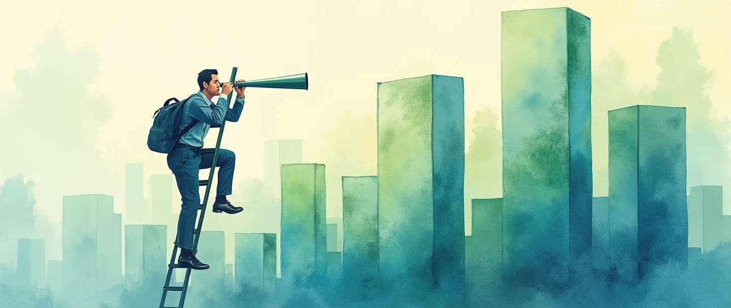 Uma pintura digital em aquarela de uma pessoa de negócios subindo uma escada enquanto segura um telescópio, olhando para horizontes em expansão. Abaixo, um pequeno edifício de escritórios se transforma em um conjunto de arranha-céus maiores. Composição simples com elementos de crescimento ascendente, usando azuis e verdes vibrantes para transmitir oportunidade e expansão.
