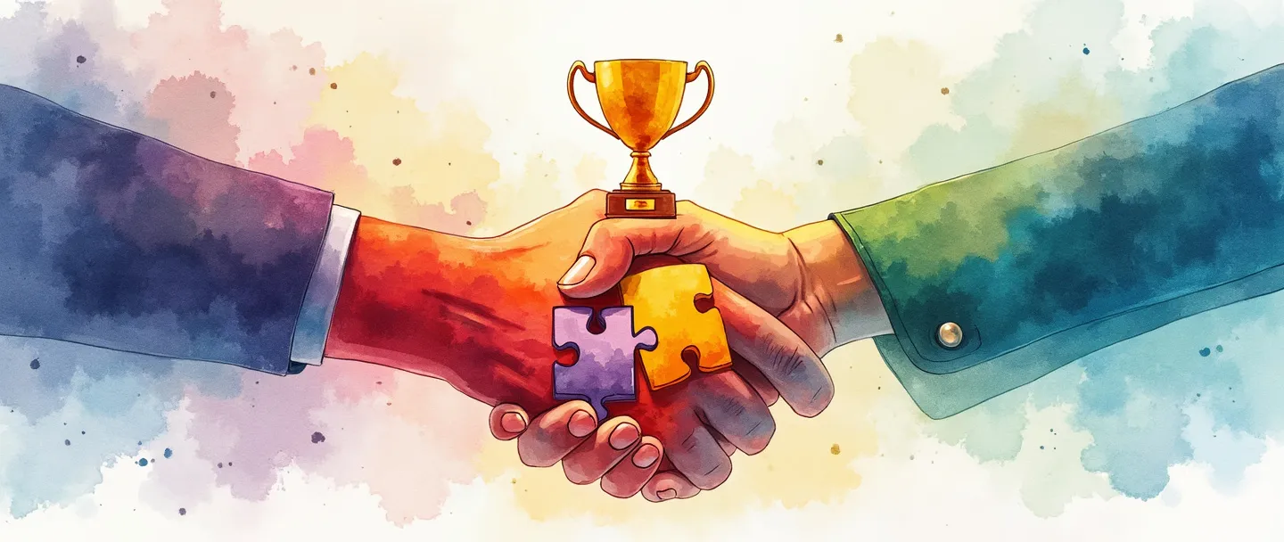 Tradução para pt-br:

Uma pintura digital em aquarela de dois logotipos ou marcas distintas de empresas se fundindo no centro, formando um símbolo de aperto de mãos. Energia colorida flui entre eles, com pequenas peças de quebra-cabeça se conectando na interseção. Um troféu compartilhado está acima dos logotipos fundidos, simbolizando o sucesso mútuo. Composição simples com cores vibrantes em um fundo limpo.