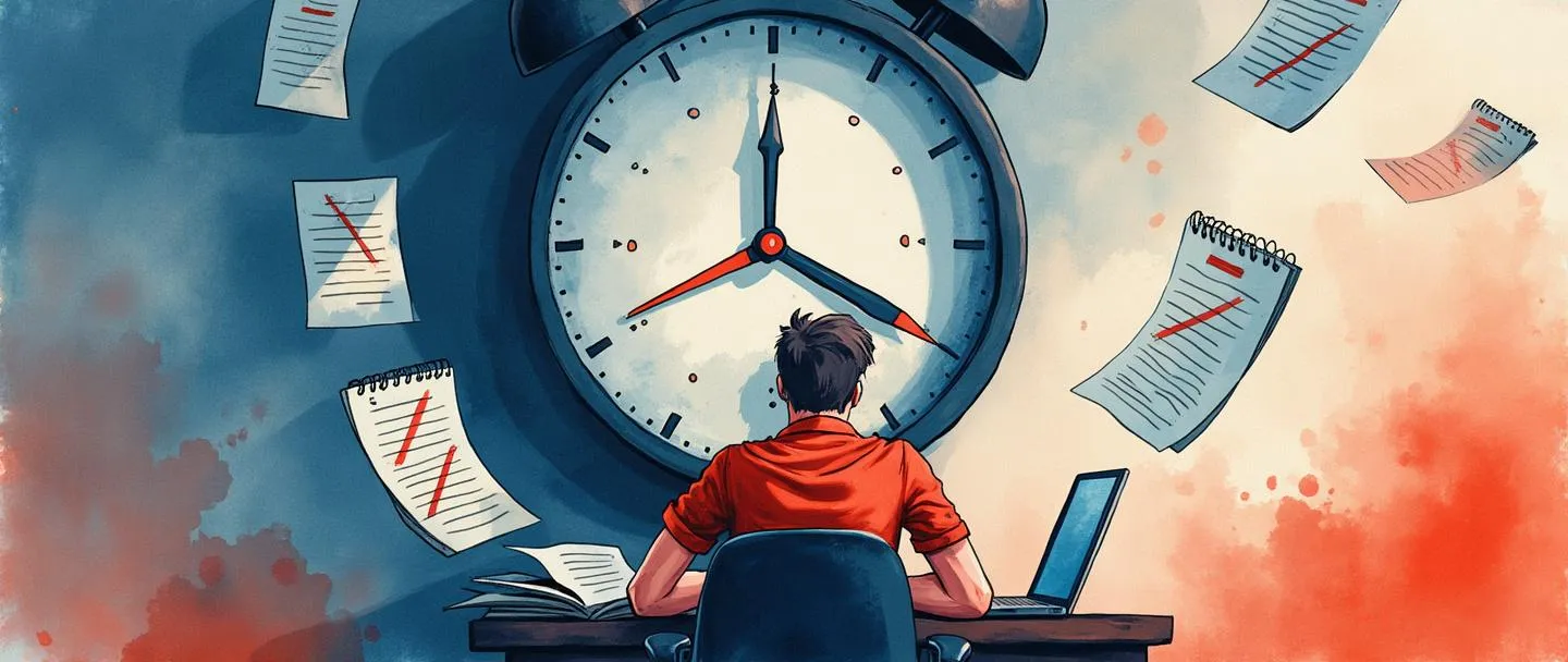 Uma pintura digital em aquarela de uma pessoa trabalhando freneticamente em um computador com um grande relógio pairando acima. Os ponteiros do relógio estão se aproximando da meia-noite, com páginas de calendário voando ao vento. Uma lista de tarefas com itens riscados está próxima. Composição simples com estresse e urgência transmitidos através de tons vibrantes de vermelho e laranja contrastando com azuis frios.
